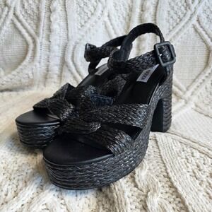 Steve Madden Carisma Black Woven Platform Block Heel Ankle Strap‎ Sandals Sz 8.5